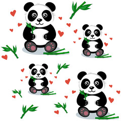 Patern cheerful panda character with bamboo and hearts