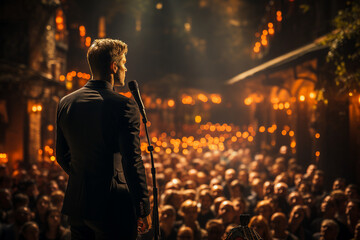 Generative ai collage photo of lecturer guy business work coach speaking about success workshop