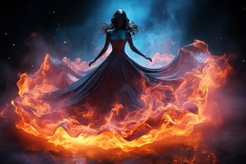 Tuinposter Generative ai collage of powerful dangerous evil witch lady doing fire spell © Tetiana