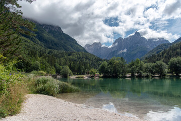 Naklejka na ściany i meble Great nature scenery in Slovenian Alps. Incredible landscape on Jasna lake.