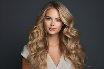 Fototapeta premium Generative AI portrait illustration of attractive young model woman after salon hairstyle coloring brilliant blond