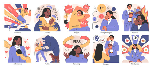 Obraz premium Overcoming fears set. Characters confronting fears with desensitization, reframing and exposure strategy. Psychological resilience with affirmations and visualization therapy. Flat vector illustration
