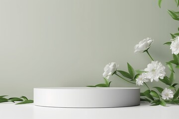 3D background, white podium.  display, flower branch with shadow. Green Cosmetic or beauty product promotion step pedestal. Abstract minimal 3D render, Generative AI