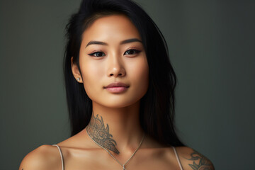 Generative ai photo of beautiful charming asian woman with tattoo on her body - obrazy, fototapety, plakaty