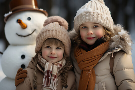 Created with generative ai technology image funny white snowman creation of family parents children playing in snow