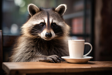 Humorous raccoon with his morning coffee sitting table in city cafeteria Generative AI - obrazy, fototapety, plakaty