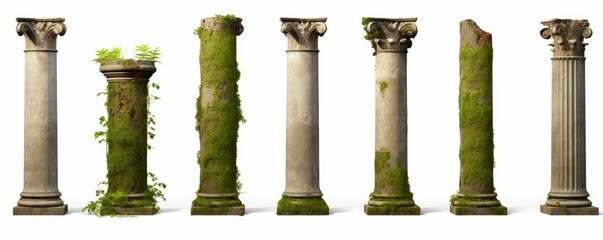 set of antique columns, collection of overgrown pillars isolated on white background, Generative AI