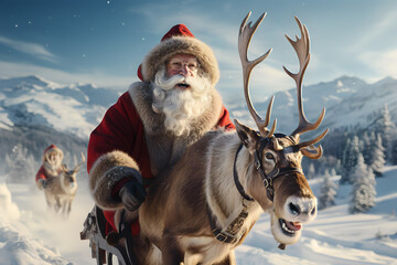 Portrait of happy Santa Claus in winter forest. Christmas and New Year concept
