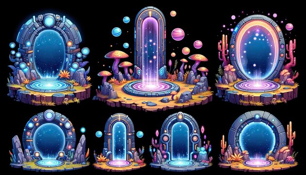Futuristic Space Portals cartoon illustration set portals on an alien planet. Neon-glowing flora enhances the cosmic setting