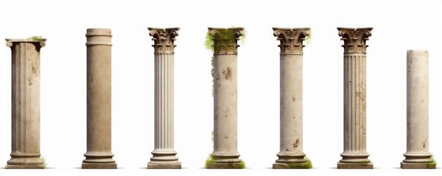 set of antique columns, collection of overgrown pillars isolated on white background, Generative AI