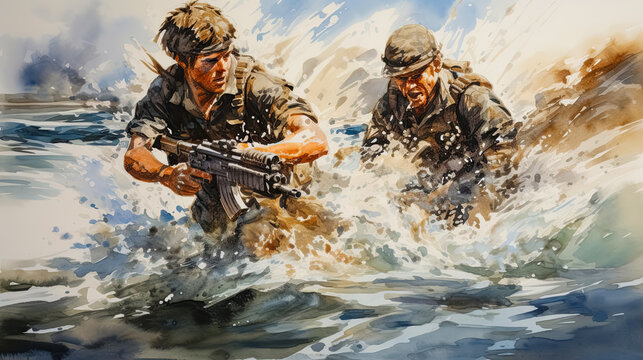 Two soldiers with guns in the water, digital painting, illustration. 
Soldiers in action on the battlefield. Watercolor painting style.