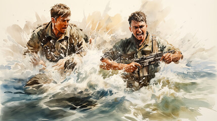Two soldiers with guns in the water, digital painting, illustration. 

