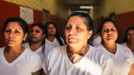 Foto op Aluminium Focused Women with Tattoos in White Shirts Standing Together in Prison © AI-Universe