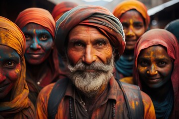 Group of Indian people with colorful paint faces celebrates Holi festival