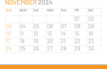 Calendar November 2024, corporate design template vector. Desk calendar 2024
