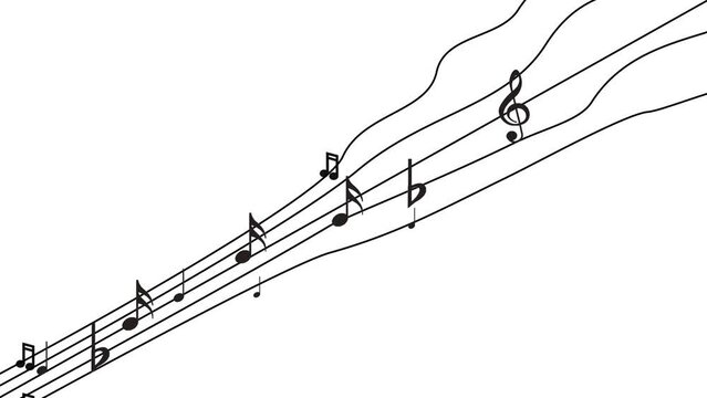 A variety of notes running through the curved sheet music. Music screensaver. Theme for background music