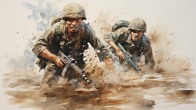 Two soldiers with guns in the water, digital painting, illustration. 
Soldiers in action on the battlefield. Watercolor painting style.