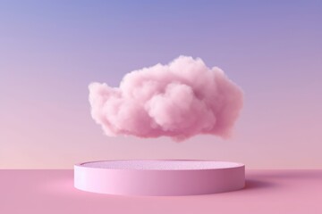 3D display podium, pastel pink an violet background. Cloud levitating. Sunset sky concept. Nature Beauty, cosmetic product presentation pedestal. Bright 3d render mockup. Banner, Generative AI