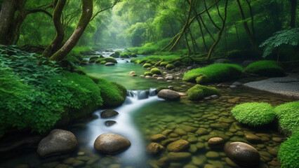 Fototapeta premium water flow in the forest with beautiful green 