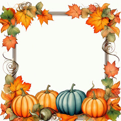 Autumn frame with pumpkins and leaves isolated on white background.