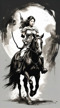 Watercolor brush art image of a young woman riding a horse and armed with archer.