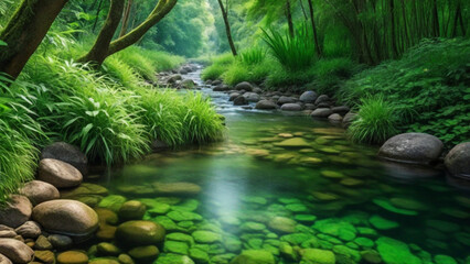 water flow in the forest with beautiful green  - obrazy, fototapety, plakaty