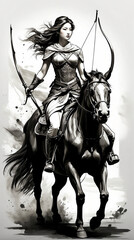 Fototapeta premium Watercolor brush art image of a young woman riding a horse and armed with archer.
