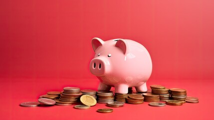 pink piggy bank with coins on red background