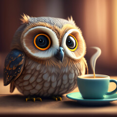 Naklejka premium Cute owl on the table drinking coffee