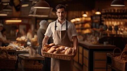 Male baker holding basket with fresh bread in bakery shop. - obrazy, fototapety, plakaty
