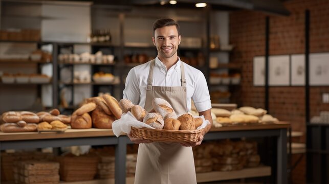 Male baker holding basket with fresh bread in bakery shop.
