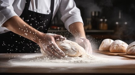 Close up of baker hands clapping and sprinkling white flour to preparing dough in bakery kitchen.