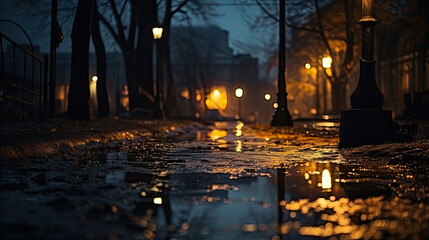 Street lamp in the city at night with reflection in puddle.
Lights on the streets of the city at night in the rain.