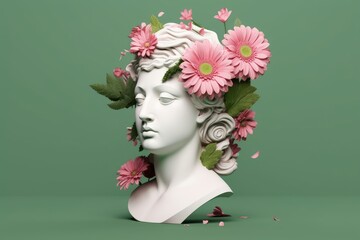 3D Ancient woman Statue. Greek, roman goodness. Bust sculpture  with pink and white flowers bouquet on green background. Nature feminine beauty abstract 3D render. Spring, summer render, Generative AI