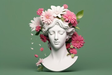 3D Ancient woman Statue. Greek, roman goodness. Bust sculpture  with pink and white flowers bouquet on green background. Nature feminine beauty abstract 3D render. Spring, summer render, Generative AI