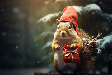 Funny squirrel enjoying Christmas time
