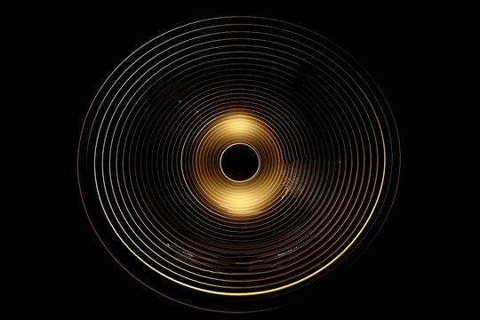 Abstract circle line pattern spin gold light isolated on black background in the concept of music, technology, digital, Generative AI