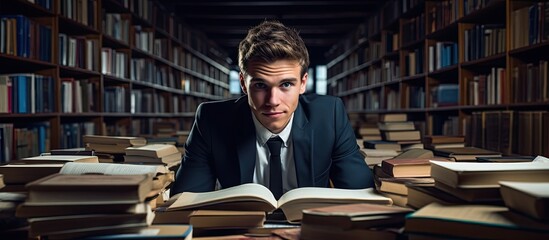 The young man with a background in business is isolated in a school library engrossed in a book with white pages furthering his education in a room filled with the happy smiles of fellow st