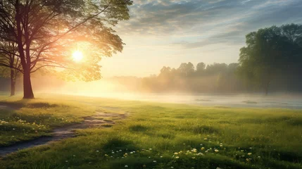 Foto op Plexiglas scape land sunlight morning enchanting illustration forest sunrise, beautiful outdoor, hill dawn scape land sunlight morning enchanting © vectorwin