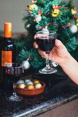 Holding a Wine Glass With Christmas tree at Yard Background