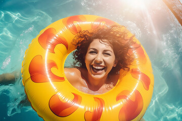 A happy smiling woman in a bright swimsuit swimming on inflatable ring at pool