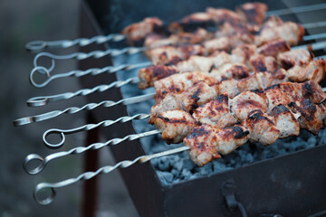 Lots of metal skewers with meat cooking on coals. Cooking pork barbecue.