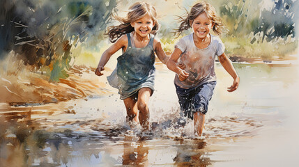 Two little girls running in the water. Digital watercolor painting.  - obrazy, fototapety, plakaty