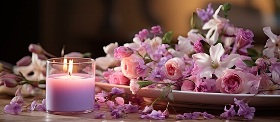 The woman carefully arranged a beautiful bouquet of flowers on the table creating a romantic still life with a glass vase petals and candle in the background exuding a sense of beauty and tr