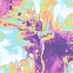 Abstract fluid art acrylic pouring paint background purple, cyan blue and yellow marble texture, creative background for banner, wallpaper