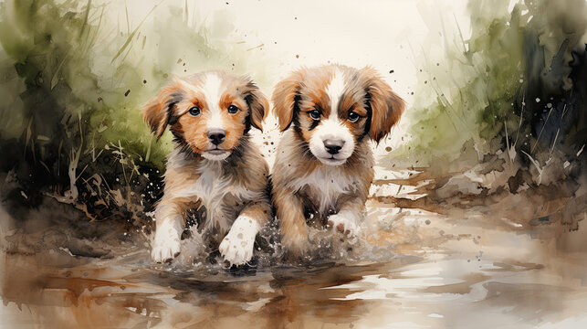 Two puppies of australian shepherd playing in water, digital painting. 
Watercolor painting of two cute dogs playing in the water with splashes. 