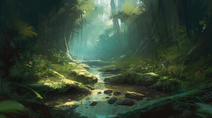 A digital painting of a lush jungle scene AI generated illustration