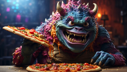 A funny monster eating pizza.