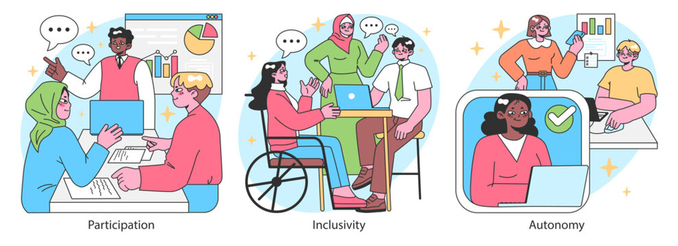 Empowerment set. Confident office employees, inclusive team collaboration. Worker autonomy in decision-making, business capacity building, task delegation. Flat vector illustration.