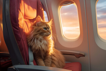 fluffy ginger cat sitting on blue airplane seat looking at window traveling and flying with pets...
